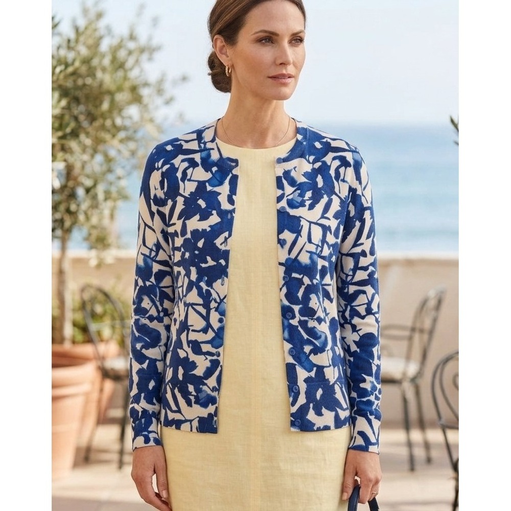 Covington M Blue White Watercolor Floral Button Front Cardigan Sweater Artistic